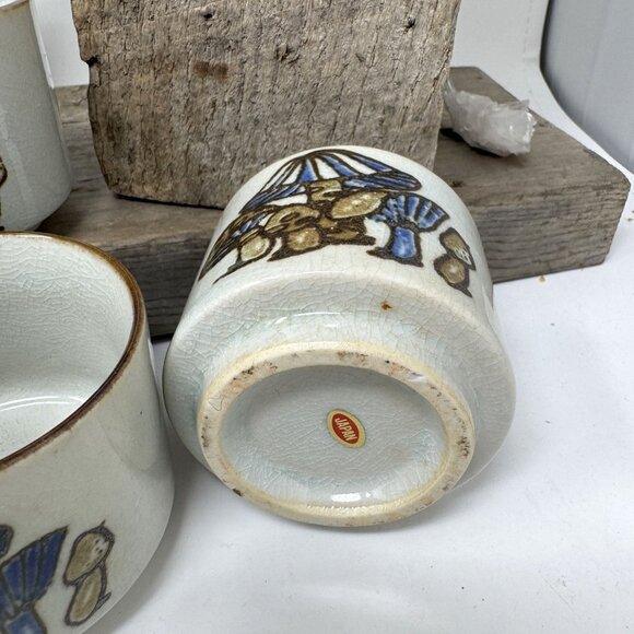 Vintage Ceramic Teapot Set With 6 Matching Cups Mushroom Design Wicker Handle - Picture 7 of 10